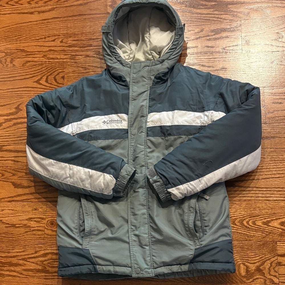 Columbia Men's hooded puffy Jacket coat green color block pockets zip / snap Med